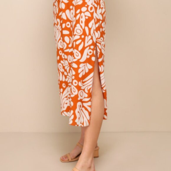 Lulus Energetic Charm Rust Orange Abstract Tie-Front Midi Dress, NWT, Size Small - Picture 3 of 12